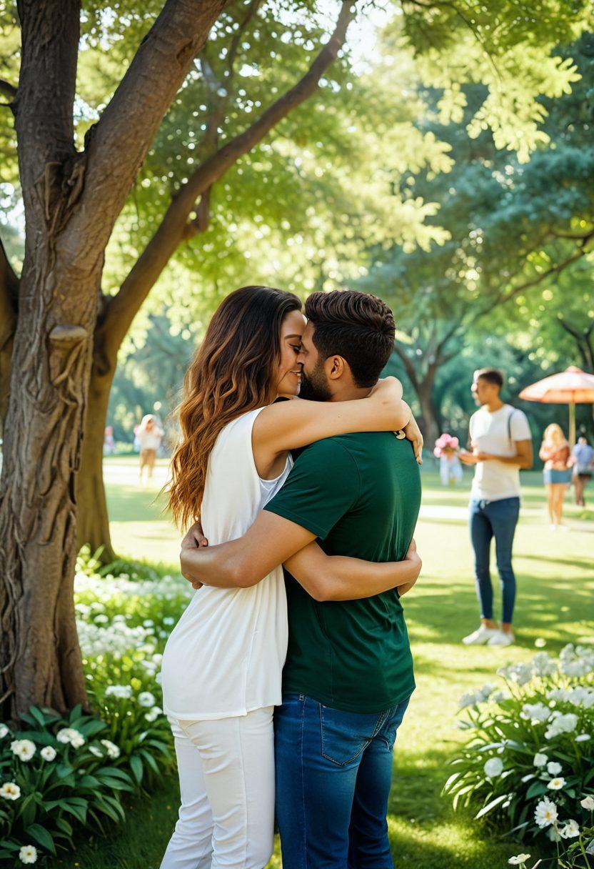 A serene scene depicting a diverse group of people engaged in heartwarming activities, such as hugging, sharing laughter, and enjoying nature together. The background features a lush green park with blooming flowers and gentle sunlight filtering through the trees, symbolizing growth and connection. The expressions of joy and trust should be evident on their faces, emphasizing the theme of unconditional bonds. super-realistic. vibrant colors. soft focus.
